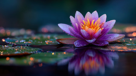 A vibrant water lily with purple petals and a yellow center floats serenely on the water's surface. The composition highlights the flower's delicate texture and its perfect reflection. The image features soft lighting and a shallow depth of field. Suitable for various editorial and commercial applications promoting nature and tranquility.の素材