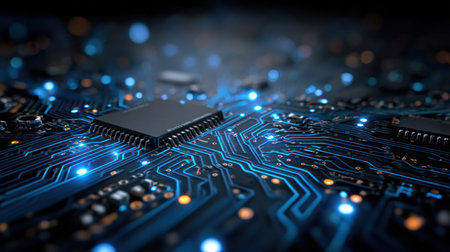 This image showcases a close-up view of a circuit board featuring an integrated computer chip. The composition highlights intricate lines and connections, illuminated by radiant blue and yellow lights. The overall aesthetic suggests a technological environment, potentially suitable for editorial content or commercial projects focused on technology.の素材