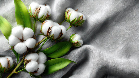 This image showcases a close-up of cotton flowers, their white blooms contrasted against green leaves. The composition is set on a light gray, textured fabric. The soft focus and natural lighting suggest a studio or indoor environment. Suitable for various design projects and commercial applications.の素材