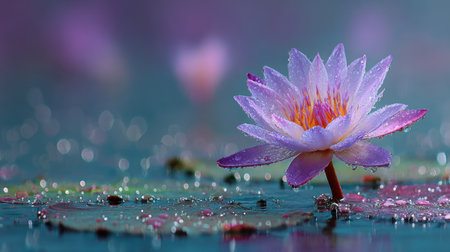 A close-up view presents a water lily in full bloom, showcasing lavender petals and a vibrant yellow center. The image utilizes a shallow depth of field, with soft, out-of-focus areas adding an ethereal quality. This image may be appropriate for use in various visual projects, including artistic or decorative applications.の素材