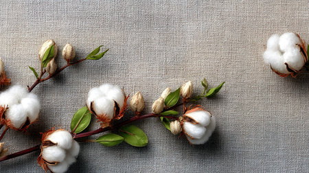 This image features delicate cotton bolls arranged on branches against a neutral textured surface. The composition showcases a close-up perspective, highlighting the soft white blossoms, green leaves, and brown stems. The lighting creates subtle shadows. Suitable for use in projects related to nature, health, or design.の素材