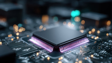 This image presents a detailed view of a central processing unit (CPU) mounted on a circuit board. The composition highlights the chip's intricate design with vibrant lighting. The image exhibits a high-tech aesthetic, possibly illustrating technological advancements. Suitable for various applications in the fields of technology and design.の素材