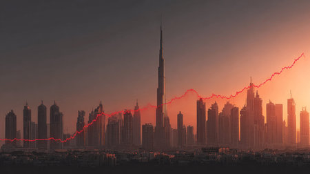This image presents a city skyline silhouetted against a dramatic sunset. A red line representing a stock chart overlays the city, suggesting financial growth. The composition uses a warm color palette with long shadows. This visual could be utilized for various commercial and editorial projects.の素材