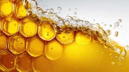 This image presents a close-up view of a honeycomb, with golden liquid cascading across the cells. The composition features clear, textured bubbles and a gradient background. This dynamic visual could be used in various commercial applications, including advertising and editorial content relating to natural products.の素材