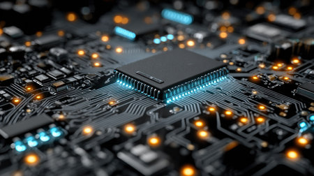 This image showcases a detailed view of a computer's central processing unit (CPU). The focus is on the intricate network of circuits and the processor chip. The composition uses selective focus, highlighting the central elements. Warm and cool tones create visual interest. This image is suitable for technology, science, and design-related applications.の素材