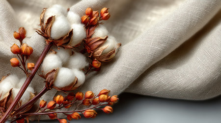 This image presents a close-up of a cotton branch with delicate white blooms and small orange buds, resting on a textured, light-colored fabric. The composition features soft lighting that emphasizes the natural textures and colors. This visual could be utilized for various commercial purposes related to textiles, nature, or design.の素材