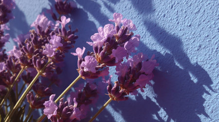 This image presents lavender flowers in full bloom, illuminated by bright sunlight. The composition focuses on the delicate purple petals and stems against a textured blue backdrop, creating a contrast in color and form. Suitable for various applications, including print media, and digital content. The natural lighting and focus suggest a calming aesthetic.の素材