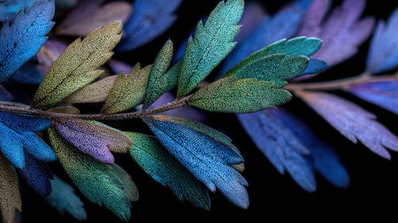 An artistic close-up reveals a plant's leaves, rendered in a spectrum of blues, greens, and purples. The textured foliage is set against a dark backdrop, creating a high-contrast visual. The composition may be suitable for diverse design projects, offering opportunities for both commercial and editorial applications.の素材