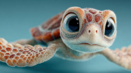 A detailed close-up portrays a young sea turtle against a light blue backdrop. The image emphasizes the creature's big, captivating eyes, showcasing a detailed texture and a soft color palette. This style has commercial application for environmental awareness, educational materials, and children's media content.の素材