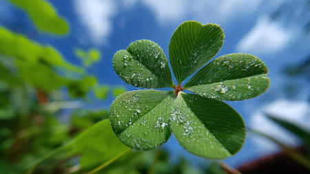 A close-up photograph showcases a four-leaf clover, its vibrant green leaves glistening with water droplets. The composition features a shallow depth of field, with the clover in sharp focus against a soft, blurred background of blue sky and other foliage. This image could be used for illustrations related to luck, nature, and positive concepts.の素材