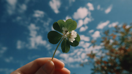 A hand delicately holds a four-leaf clover, showcasing its vibrant green leaves and delicate white flower. The image features a bright blue sky with fluffy white clouds, creating a natural and airy backdrop. This composition presents a sense of hope and good fortune, suitable for various editorial and commercial applications.の素材