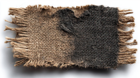 This image showcases two fabric swatches, one light brown and one dark gray. The textures of the burlap are clearly visible with frayed edges. The lighting is diffused, highlighting the different textures. Suitable for illustrating concepts of design, craft, or as a background element in various projects.の素材