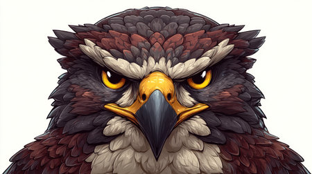 This illustration showcases a detailed rendering of a raptor against a plain background. The artwork emphasizes the bird's head and face, with striking eyes and a sharp beak. The style features rich textures and a palette of brown, red, and yellow hues. Suitable for diverse applications, including digital design and editorial projects.の素材