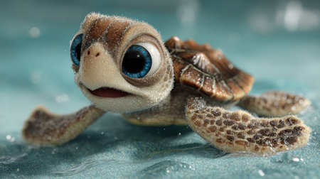 A charming close-up showcases a juvenile sea turtle with striking blue eyes. The turtle, with a textured shell, is set against a soft, watery backdrop. The composition features vivid colors and gentle lighting, suggesting a serene environment. This image is suitable for various commercial applications, including educational materials.の素材