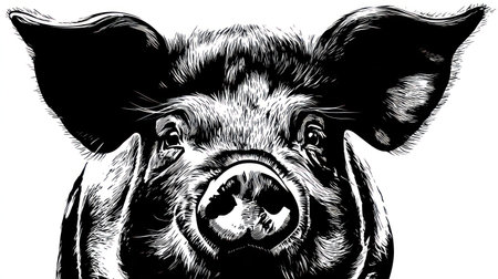 This black and white illustration presents a detailed portrait of a pig, showcasing its features. The image is characterized by high contrast and strong lines. The subject is isolated against a clean, white backdrop. This image could be used for various design projects, marketing materials, or editorial content.の素材