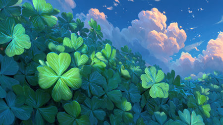 This image showcases a field of four-leaf clovers bathed in soft sunlight. The clovers display a vibrant green hue with detailed textures. A bright blue sky with fluffy white and pink clouds forms the backdrop, creating a tranquil atmosphere. Suitable for use in various creative and design projects.の素材