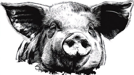 This detailed black and white illustration portrays the head of a pig. The artwork features textured shading and highlights, emphasizing the animal's features. The composition provides a clear front view, potentially suitable for various uses including educational materials, design projects, and illustrative purposes across multiple media.の素材