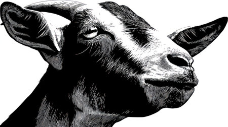 This black and white image features a goat's head in a close-up composition. The animal is the main subject with a detailed rendering of fur, horns, and facial features. The lighting highlights the textures and contours, potentially suitable for editorial content or commercial design projects.の素材