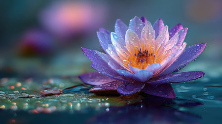 This image presents a vibrant lotus flower, its petals exhibiting shades of purple, white, and yellow. The composition highlights the flower's delicate texture and form, set against a blurred water background. The lighting suggests a peaceful setting. Suitable for various editorial and commercial applications.の素材