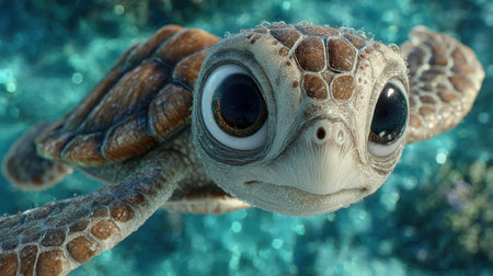 A close-up captures a young sea turtle with large eyes, appearing to swim through an aquatic environment. Its patterned shell and flippers suggest underwater movement. The scene is bathed in diffused light, suggesting a deep water setting. Ideal for nature-related content and educational projects.の素材