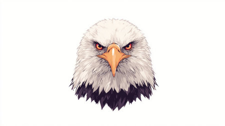 A detailed illustration showcases an eagle's head, predominantly white feathers contrasted with dark shading. The sharp beak and intense eyes suggest alertness. The image utilizes a clean, overhead lighting scheme and a simple composition against a white backdrop. It can be used for various design projects and commercial applications.の素材