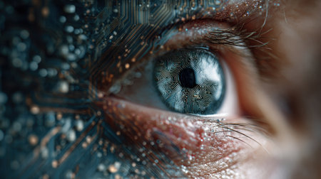 An eye is the central subject, rendered in intricate detail. It features a deep blue iris and is framed by delicate lashes and skin textures. The eye is interwoven with a digital overlay that resembles circuit boards and data streams, set against a dark, blurred backdrop. This image could be used for various technology or conceptual design projects.の素材