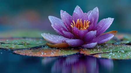 A close-up view displays a blooming water lily with purple petals and a yellow center. The image showcases water droplets on the petals and leaves, creating a soft focus. The composition emphasizes natural beauty. This image could be suitable for various commercial or decorative projects.の素材