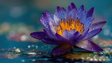 A close-up captures a blooming purple water lily, showcasing detailed petals and a bright yellow center. The aquatic scene features reflections and water droplets, indicating a moist environment. The image uses shallow depth of field, rendering a soft blur. Suitable for various editorial and commercial applications.の素材