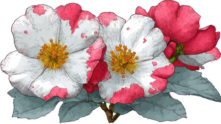 This image showcases a collection of flowers, primarily featuring white petals with red accents, set against a backdrop of green leaves. The composition emphasizes detail, possibly created in a vector style. Suitable for various applications, it could be used in design projects, or for decorative purposes.の素材