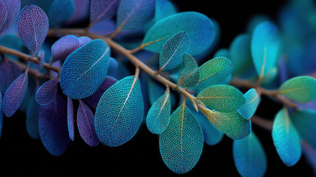 A close-up captures a branch with vividly colored leaves in shades of blue and green, showcasing intricate textures. The leaves are set against a dark background, highlighting the color contrast and natural form. This image is suitable for various commercial uses, including website backgrounds and design elements.の素材
