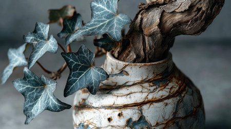 An intricate vase holds green leaves and a textured branch, set against a muted backdrop. The image displays a balanced composition of organic elements. The focus is sharp on the vase and foliage, highlighting texture and form. Suitable for various applications, including design projects and illustrative use.の素材