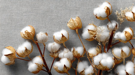 This image presents several cotton plants with soft, white blooms set against a textured, light gray surface. The composition uses overhead lighting to illuminate the delicate textures and warm, neutral tones. Suitable for various projects requiring natural elements, this image could serve commercial or editorial purposes.の素材
