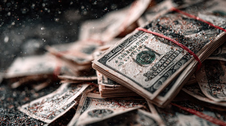 This image showcases a collection of United States dollar banknotes. The composition features a shallow depth of field, emphasizing the texture and detail of the currency. The banknotes are bundled together, suggesting value and abundance. It could be used in various commercial applications related to finance or economics.の素材