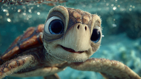 A close-up view depicts a sea turtle with large, expressive eyes submerged in water. The turtle showcases a brown patterned shell and visible flippers, suggesting movement. The composition utilizes shallow depth of field, with soft focus on the background. This image could be suitable for educational materials or nature-related projects.の素材