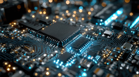 This image presents a detailed view of a computer circuit board, illuminated by vibrant blue and yellow lights. The composition highlights the intricate network of electronic components, chips, and pathways. The overall visual style suggests a technological environment, potentially suitable for illustrating concepts of innovation or data processing in diverse commercial contexts.の素材