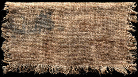 A close-up captures a rectangular piece of weathered burlap textile against a black backdrop. The coarse fabric reveals a rough texture, with visible weave and frayed edges. The neutral color palette suggests an aged aesthetic, possibly suitable for backgrounds or design elements. This image could be used for various purposes including web design or print.の素材