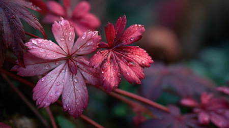 This image showcases close-up of pink flowers with water droplets, creating a soft, blurred background. The vibrant colors and textures suggest a natural outdoor setting, likely illuminated by daylight. The composition highlights the delicate details, potentially suitable for various commercial or editorial uses.の素材