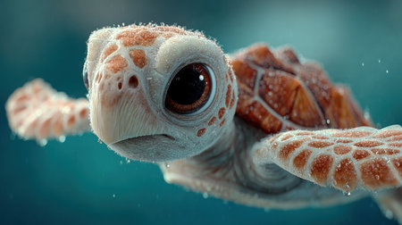 A detailed image portrays a young sea turtle underwater. The turtle exhibits a light-colored shell with orange markings, complemented by a serene blue backdrop. The aquatic setting suggests a marine environment, potentially suitable for educational content or environmental projects. Its appealing visual features would be ideal for a variety of editorial or commercial purposes.の素材