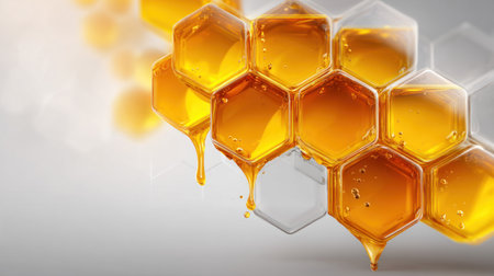 This image showcases a close-up of a honeycomb structure filled with rich, golden liquid, with some flowing downwards. The hexagonal cells are prominently featured, enhanced by bright lighting that creates highlights and shadows. The composition suggests a macro shot, potentially suitable for various commercial and editorial applications, especially related to natural products.の素材