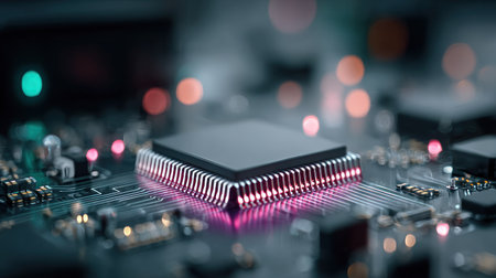 The image presents a close-up view of a central processing unit (CPU) mounted on a complex circuit board. The composition emphasizes the technical aspects of the CPU. It showcases the integrated circuits and interconnected components, suggesting innovation and computer science. It may be useful for advertising or educational materials.の素材