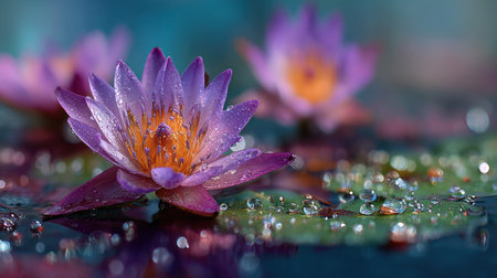 A close-up showcases a purple water lily, its petals displaying rich color. Water droplets adorn the plant's surface, reflecting light. The composition highlights textures and details with shallow depth of field, suggesting a natural environment. Suitable for editorial and commercial applications.の素材