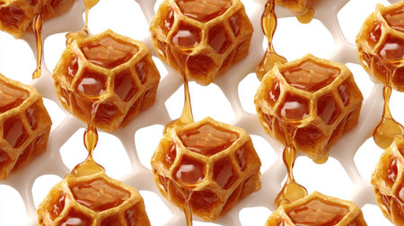 This image showcases numerous golden honeycombs arranged on a white grid. Each cell is filled with a rich, amber-colored honey that cascades downwards. The composition is well-lit, highlighting the textures and details. This photo could be used for various commercial projects related to food, health, or natural products.の素材