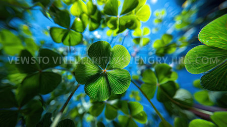 This image presents a close-up view of multiple four-leaf clovers, with their bright green leaves contrasting against a blue backdrop. The shot features a low-angle perspective, creating a dynamic composition. It is likely suitable for illustrations, articles, or various visual projects requiring natural elements.の素材