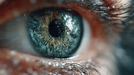 This detailed macro shot reveals a human eye, highlighting its iris and surrounding skin. The iris displays a blend of blue, green, and brown hues. The composition focuses tightly, featuring intricate textures and subtle shadows. This image could be used for medical, scientific, or artistic purposes.の素材