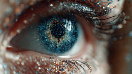 This macro photograph showcases a detailed view of a human eye, highlighting the blue iris and surrounding skin. The composition features a shallow depth of field, emphasizing the eye's textures and adding small glitter particles. Suitable for beauty, cosmetics, or artistic visual contexts, this image could be used for various promotional or editorial purposes.の素材