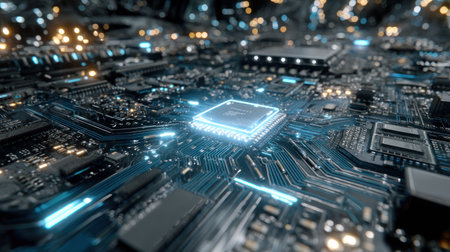 This image showcases a highly detailed view of a computer processor, highlighting its intricate circuit board design. The composition features a network of digital pathways and illuminated elements, creating a futuristic aesthetic. The image's color palette primarily consists of blues and silvers. It can be useful in commercial and educational projects.の素材