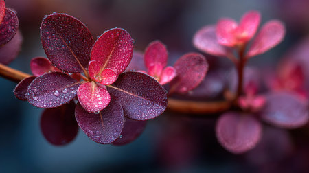 A close-up captures leaves in various shades of red and purple, with glistening water droplets. The composition, set against a blurred background, highlights the textures and colors. This image, with its focus on natural beauty, may be used for various projects needing a visual element, from print to online media.の素材