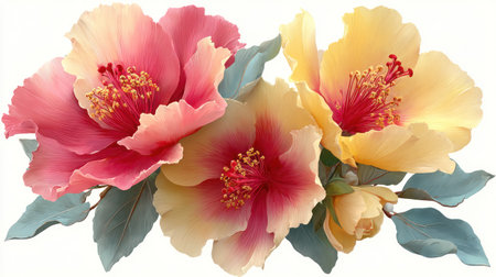 This image showcases a collection of colorful flowers in full bloom, featuring pink and yellow petals with intricate details. The arrangement is set against a simple backdrop, highlighting the texture and color variations. Suitable for decorative purposes, it could be used for various design projects, including print and digital media.の素材