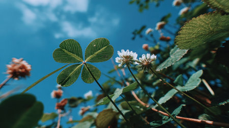An upward perspective captures a four-leaf clover prominently in focus alongside other wildflowers, all set against a vivid azure sky with wispy clouds. The scene is illuminated by natural light, enhancing the verdant and white hues of the flora. This image may be suitable for various editorial and commercial purposes.の素材