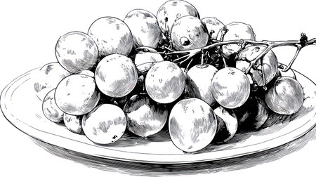 A grayscale illustration features a bunch of grapes resting on a plate. The image employs simple lines to create a detailed depiction, with variations in shading indicating form and texture. It suggests natural lighting, possibly for use in food-related advertising or editorial content. The composition presents a clean, uncluttered visual.の素材